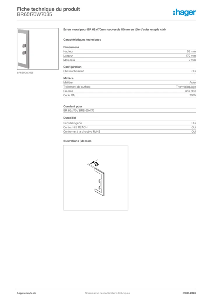 Image Hager Fiche technique du produit BR65170W7035 | Hager Suisse