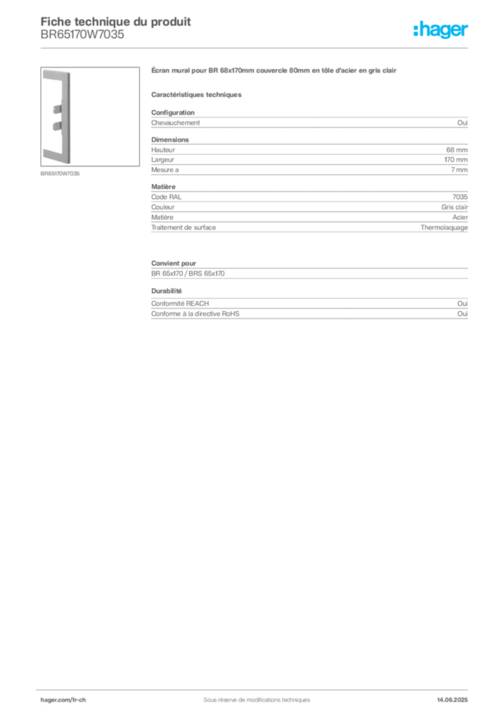 Image Hager Fiche technique du produit BR65170W7035 | Hager Suisse