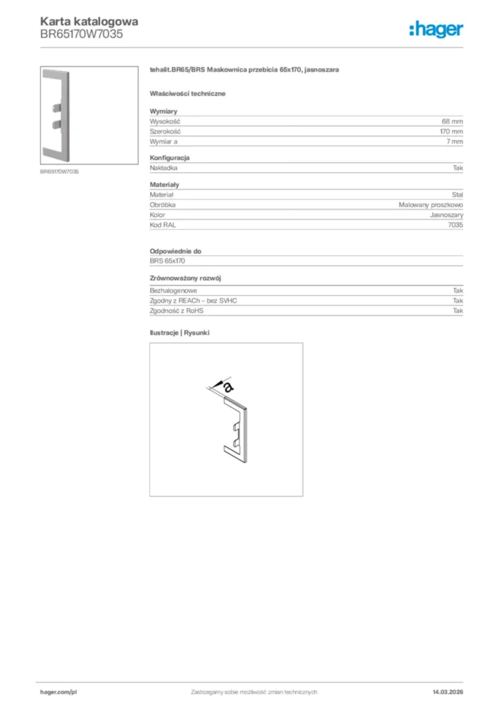Zdjęcie Hager Karta katalogowa BR65170W7035 | Hager Polska