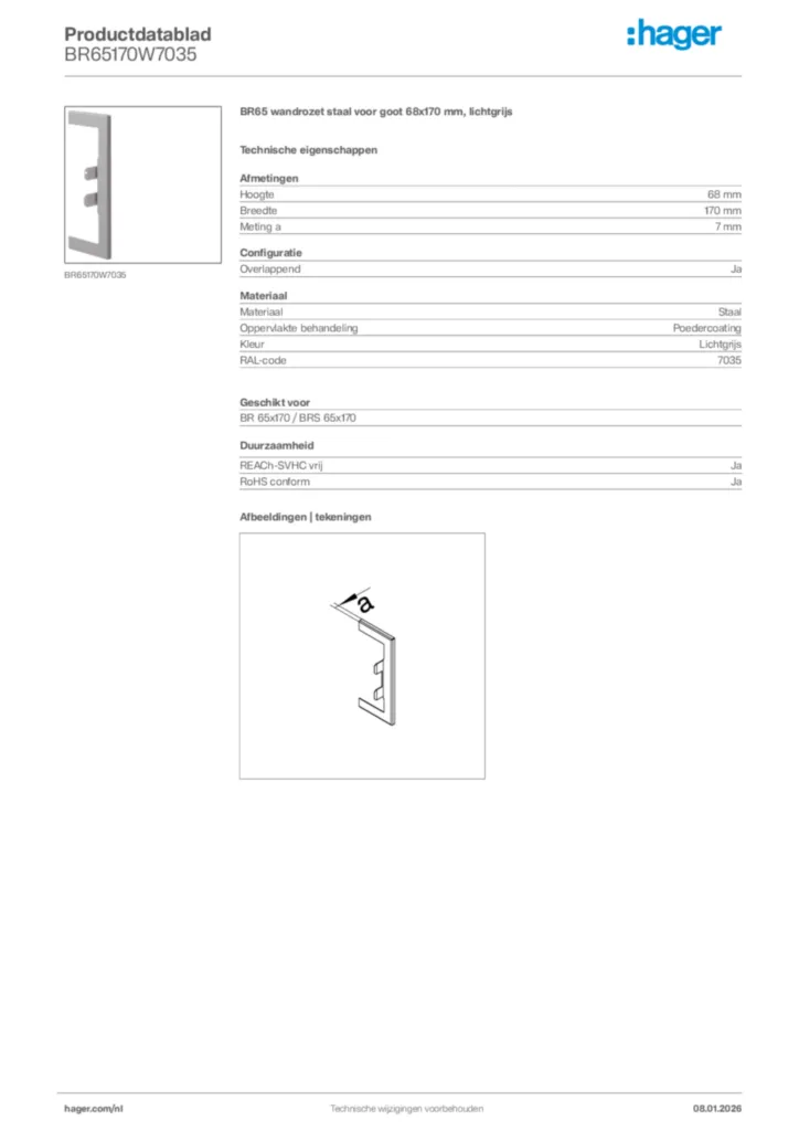 Afbeelding Hager Productdatablad BR65170W7035 | Hager Nederland