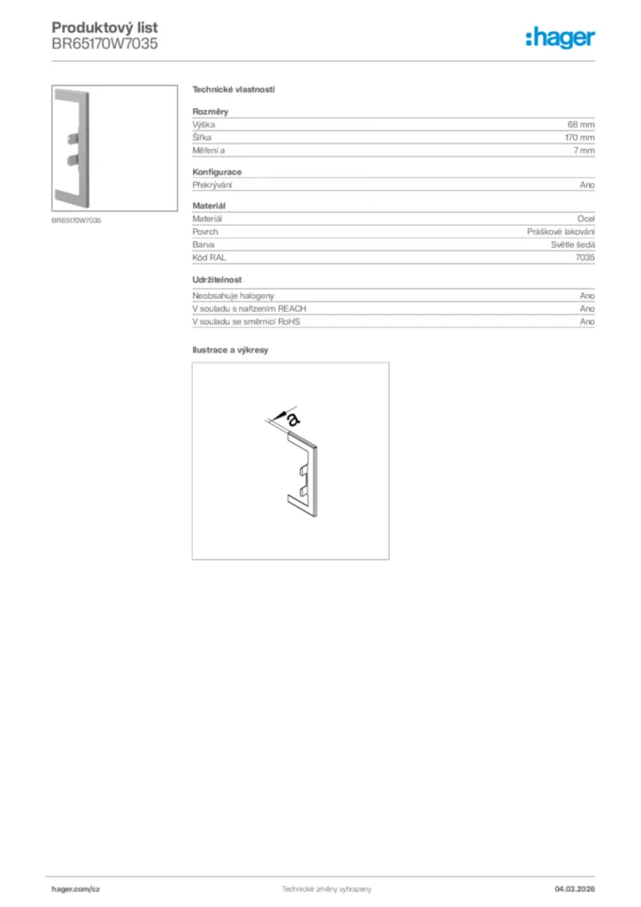 Obrázek Hager Product data sheet BR65170W7035 | Hager