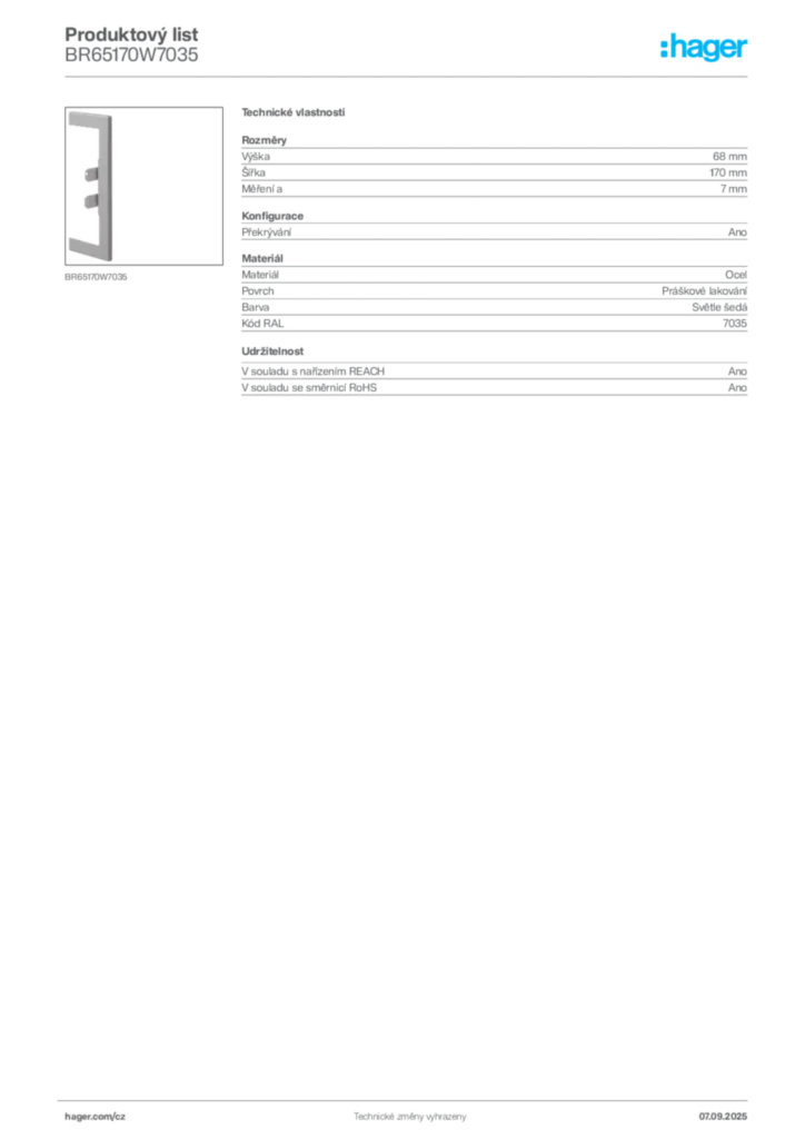 Obrázek Hager Produktový list BR65170W7035 | Hager