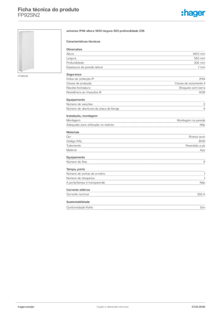 Imagem Hager Ficha técnica do produto FP92SN2 | Hager Portugal