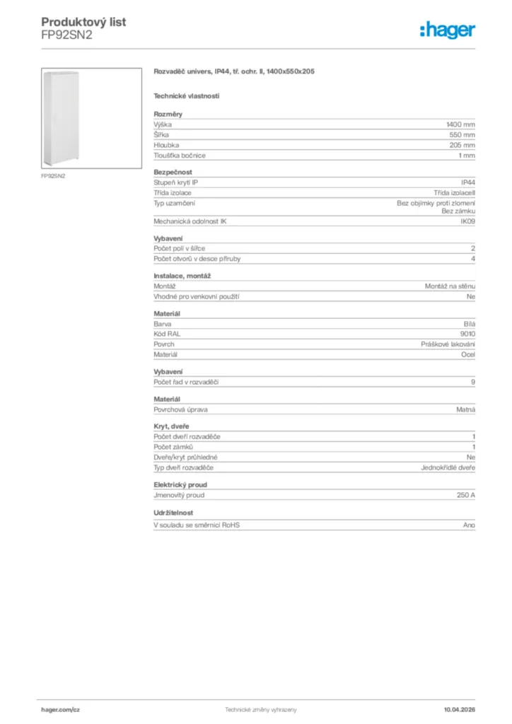 Obrázek Hager Product data sheet FP92SN2 | Hager