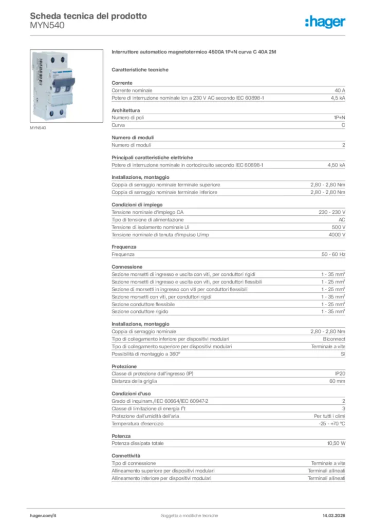 Immagine Hager Scheda tecnica del prodotto MYN540 | Hager Italia
