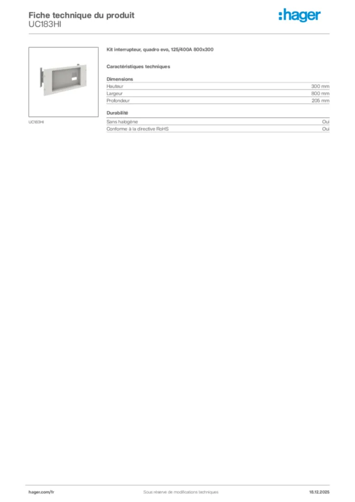 Image Hager Fiche technique du produit UC183HI | Hager France