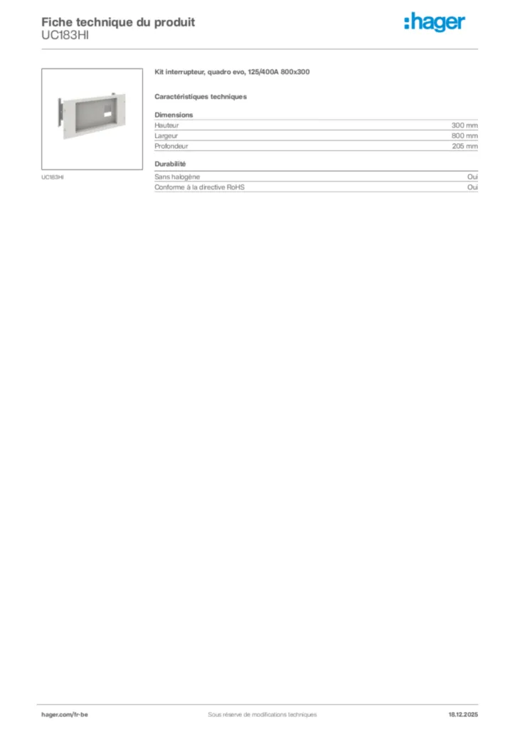 Image Hager Fiche technique du produit UC183HI | Hager Belgique