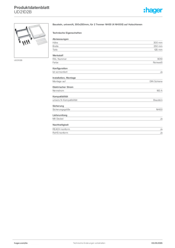Bild Hager Produktdatenblatt UD21D2B | Hager Deutschland