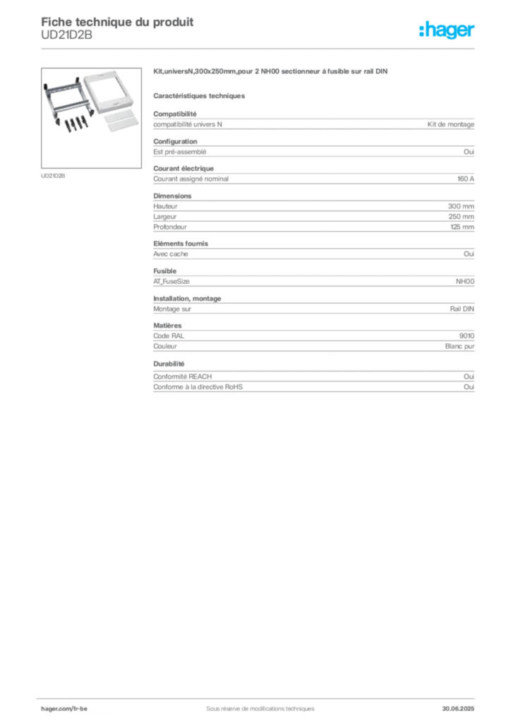 Image Hager Fiche technique du produit UD21D2B | Hager Belgique