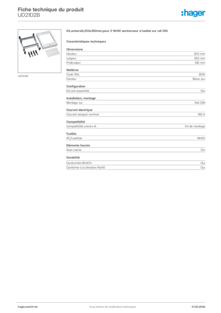 Image Hager Fiche technique du produit UD21D2B | Hager Belgique