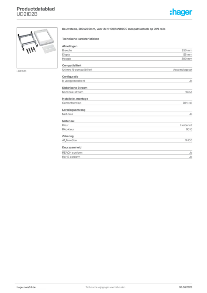 Afbeelding Hager Productdatablad UD21D2B | Hager Belgium