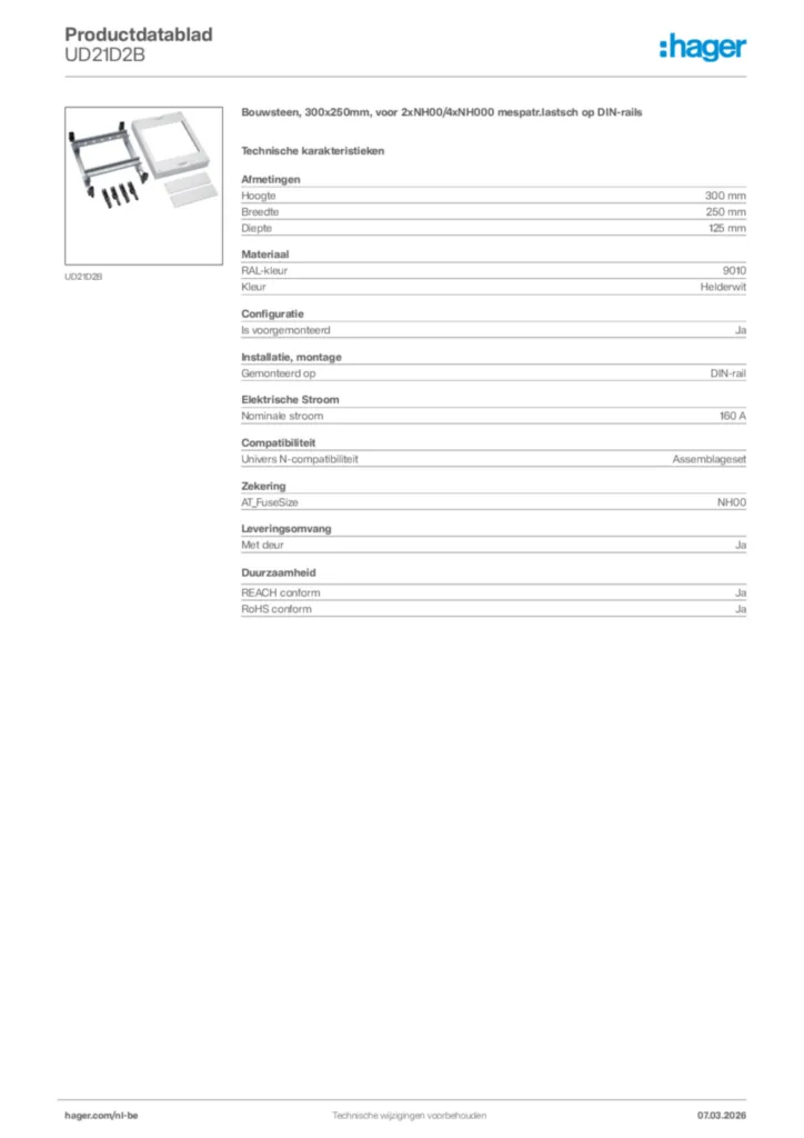 Afbeelding Hager Productdatablad UD21D2B | Hager Belgium