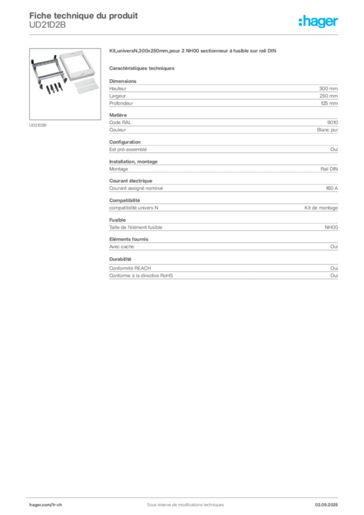 Image Hager Fiche technique du produit UD21D2B | Hager Suisse