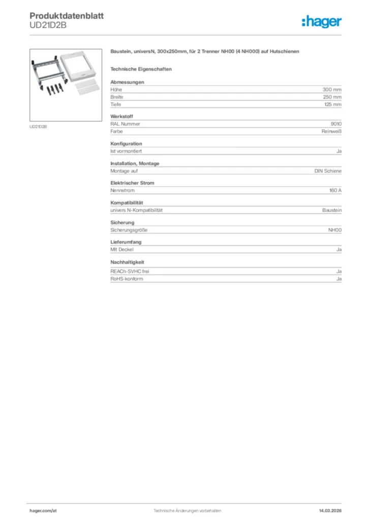 Bild Hager Produktdatenblatt UD21D2B | Hager Deutschland