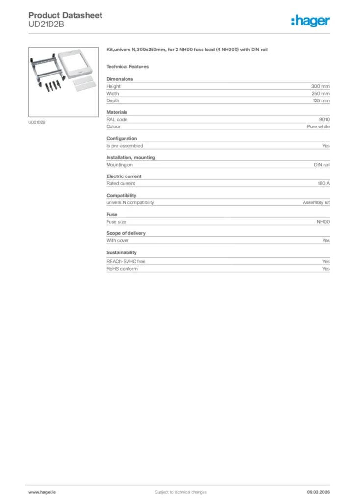 Image Hager Product data sheet UD21D2B  | Hager