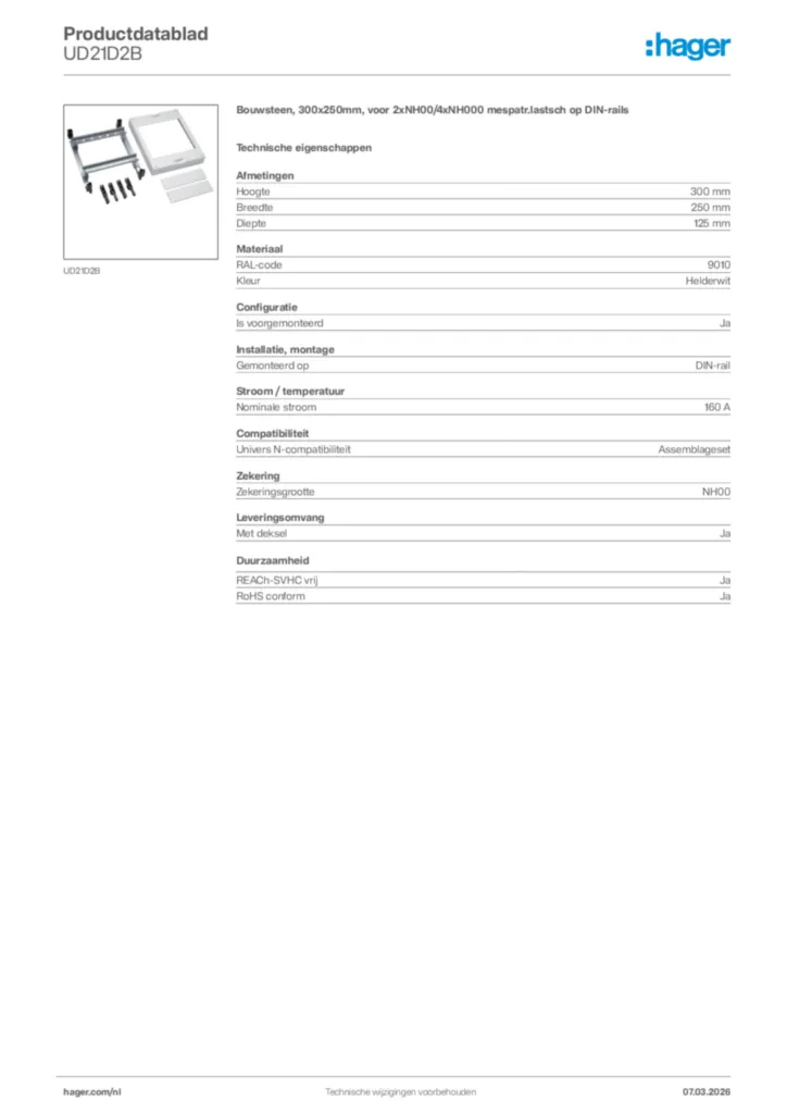 Afbeelding Hager Productdatablad UD21D2B | Hager Nederland