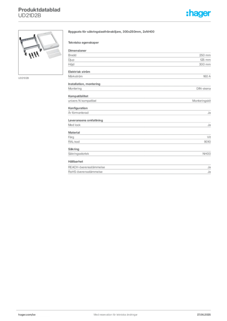 Bild Hager Produktdatablad UD21D2B | Hager Sverige