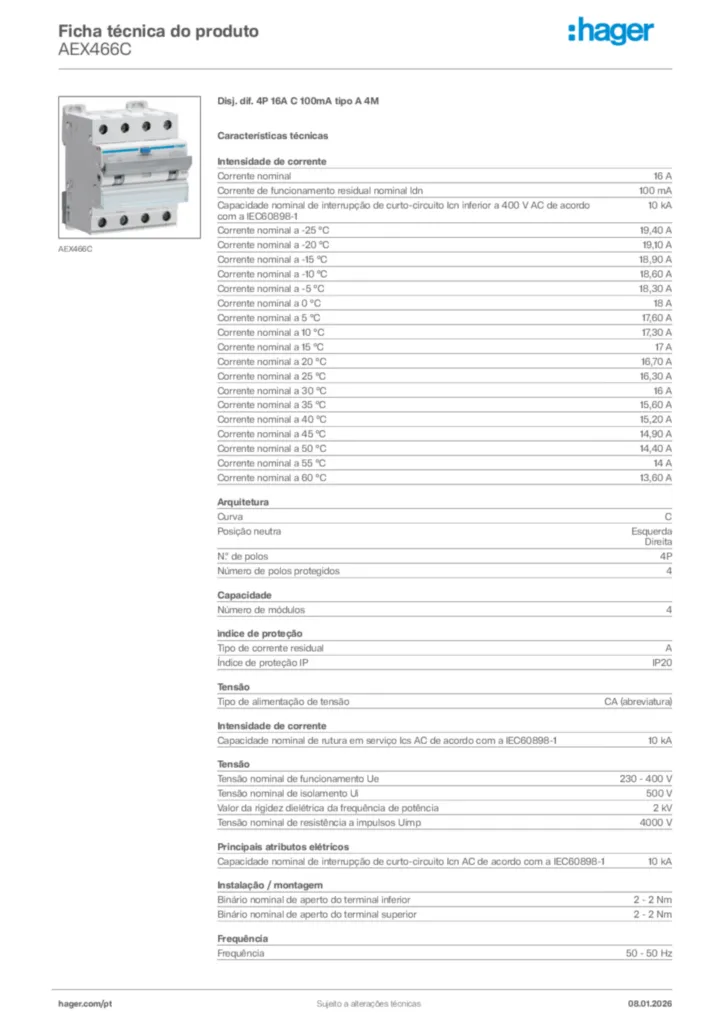 Imagem Hager Ficha técnica do produto AEX466C | Hager Portugal