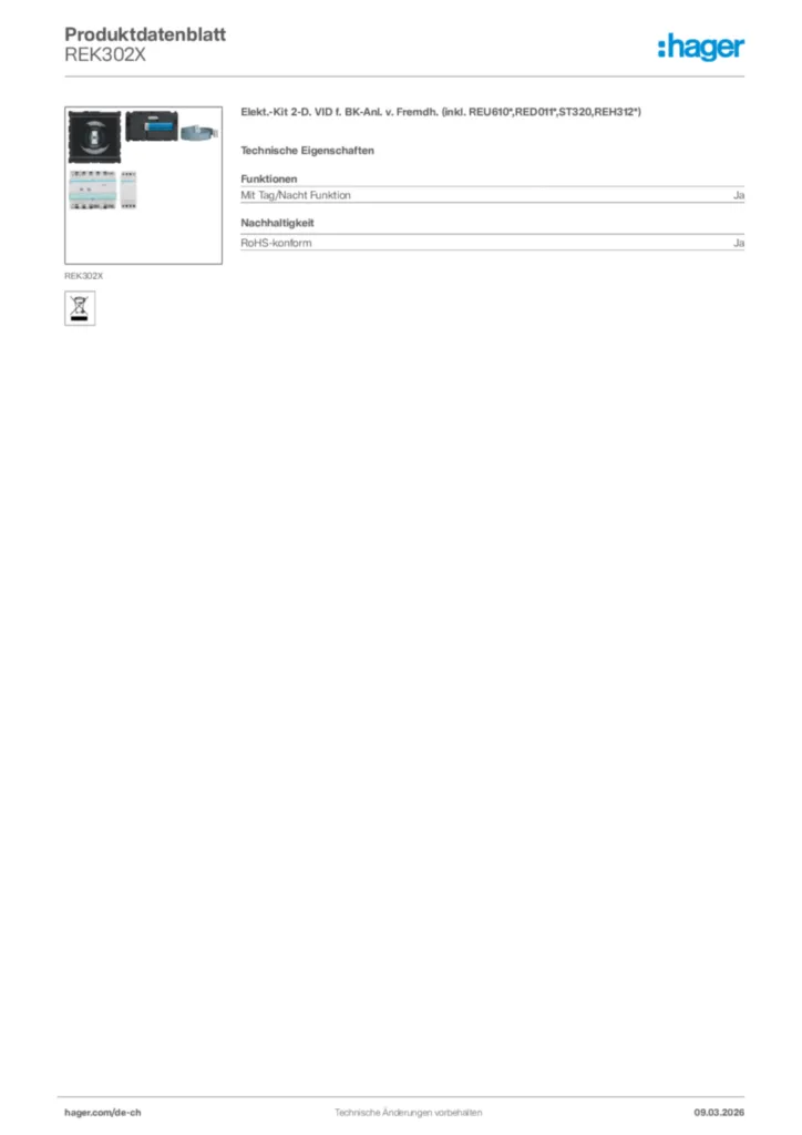 Bild Hager Produktdatenblatt REK302X | Hager Schweiz
