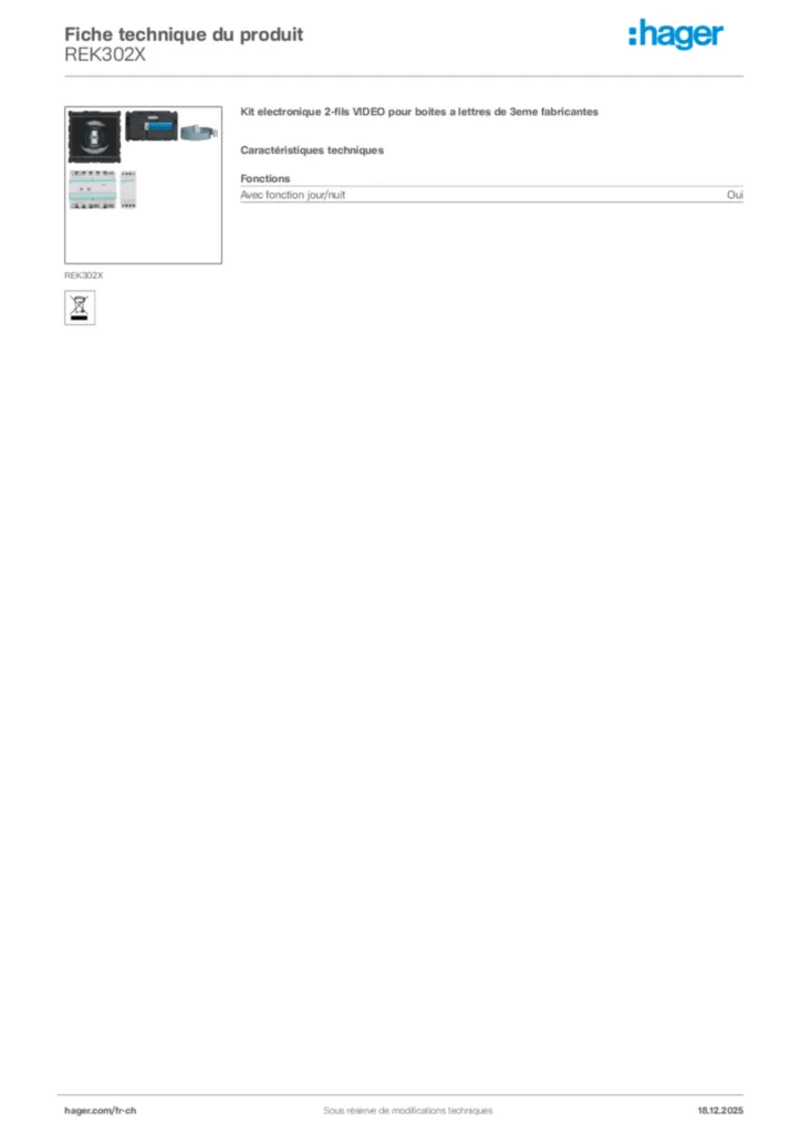 Image Hager Fiche technique du produit REK302X | Hager Suisse