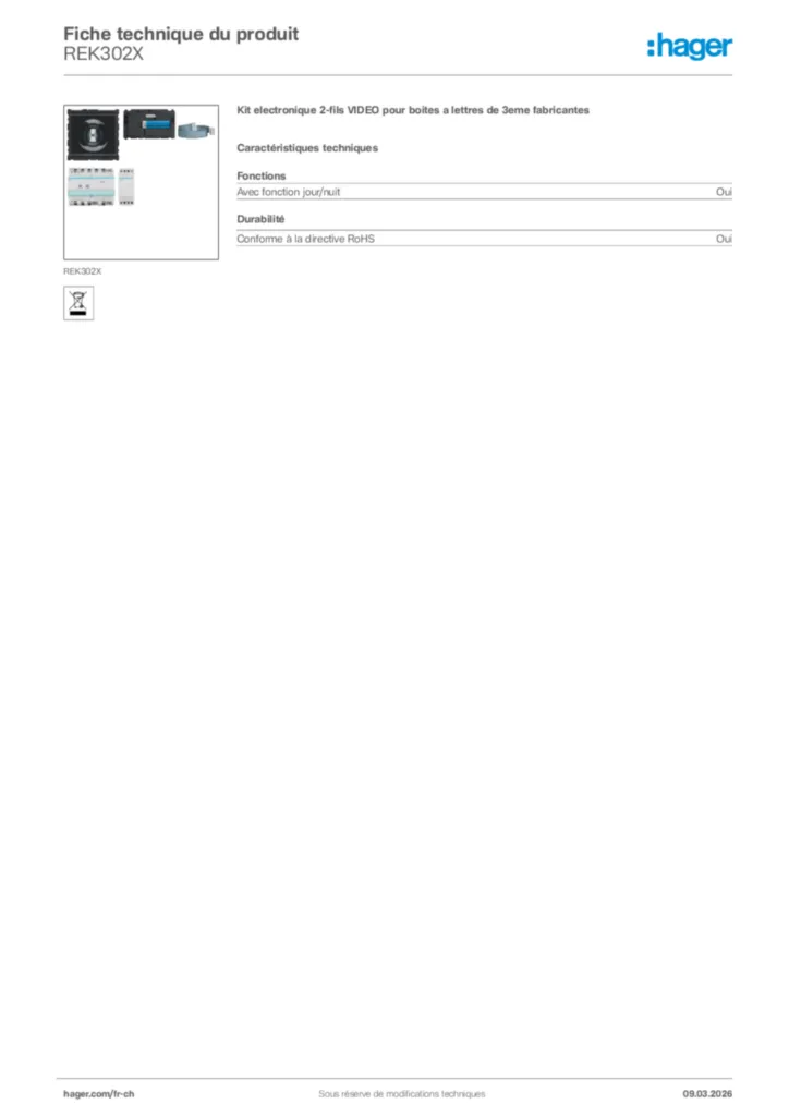 Image Hager Fiche technique du produit REK302X | Hager Suisse