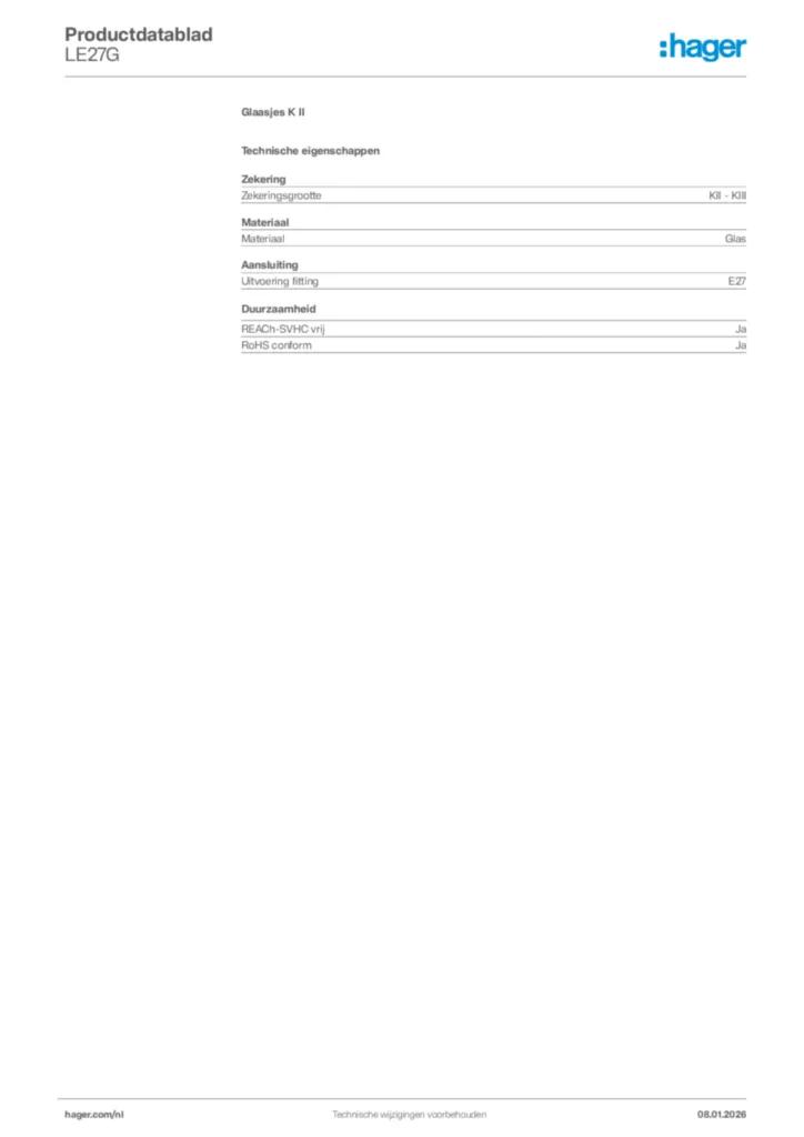 Afbeelding Hager Productdatablad LE27G | Hager Nederland