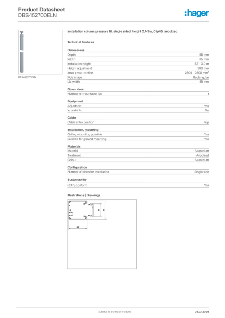 Image Hager Product data sheet DBS452700ELN  | Hager Africa