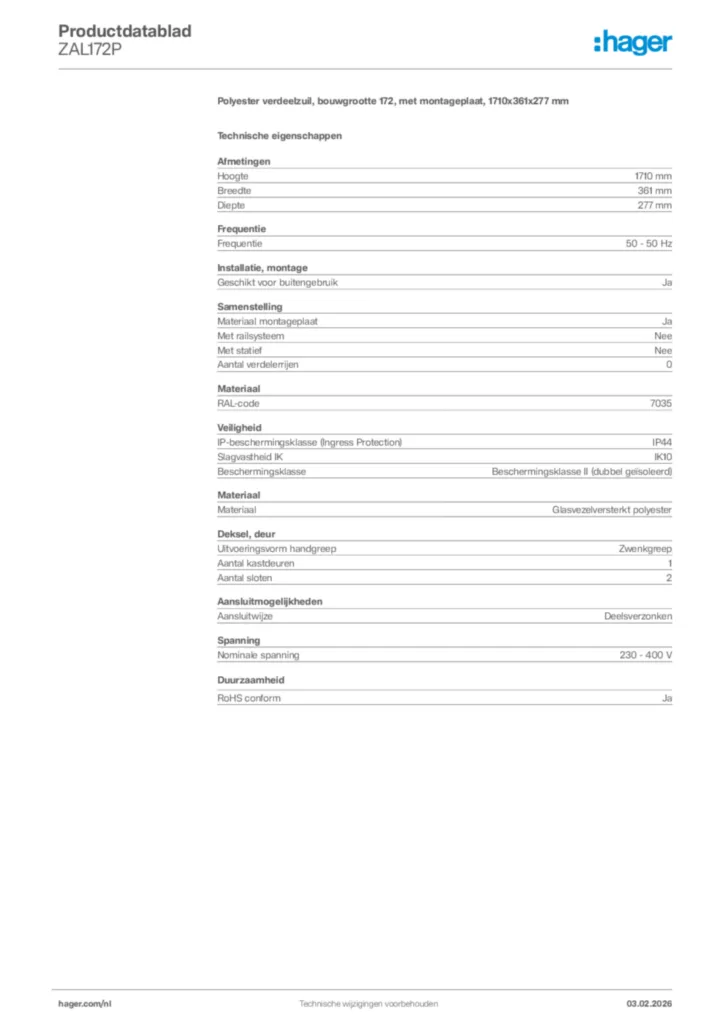 Afbeelding Hager Productdatablad ZAL172P | Hager Nederland