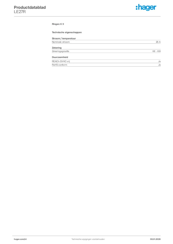Afbeelding Hager Productdatablad LE27R | Hager Nederland