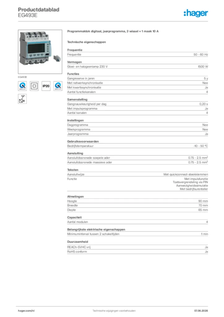 Afbeelding Hager Productdatablad EG493E | Hager Nederland