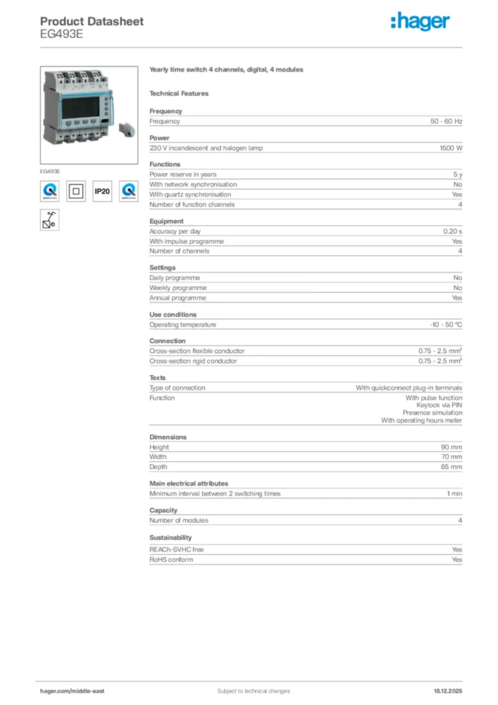 Image Hager Product data sheet EG493E  | Hager