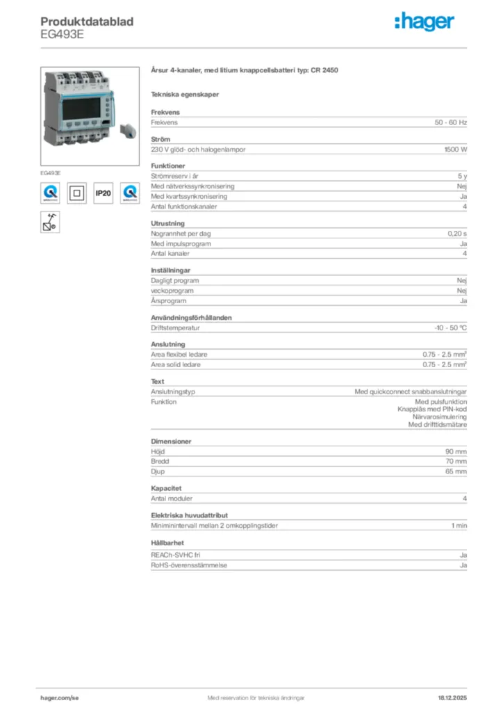 Bild Hager Produktdatablad EG493E | Hager Sverige