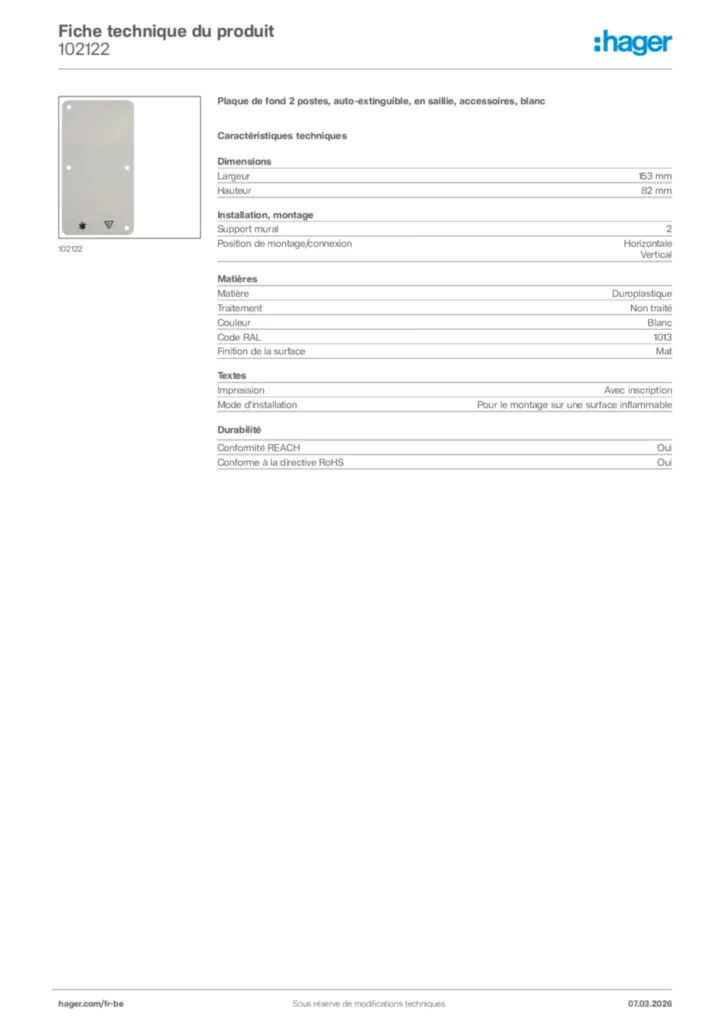 Image Hager Fiche technique du produit 102122 | Hager Belgique