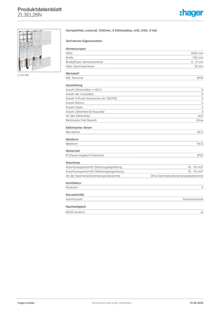 Bild Hager Produktdatenblatt ZL3EL26N | Hager Deutschland
