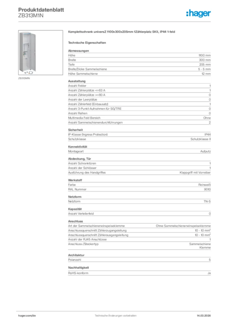 Bild Hager Produktdatenblatt ZB313M1N | Hager Deutschland