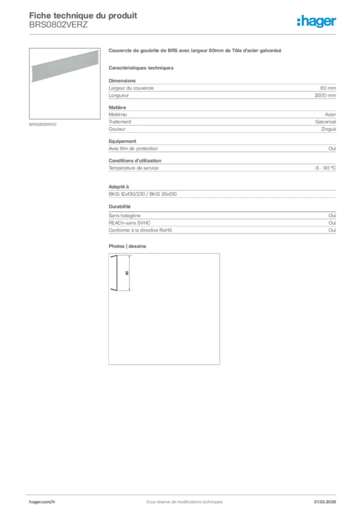 Image Hager Fiche technique du produit BRS0802VERZ | Hager France