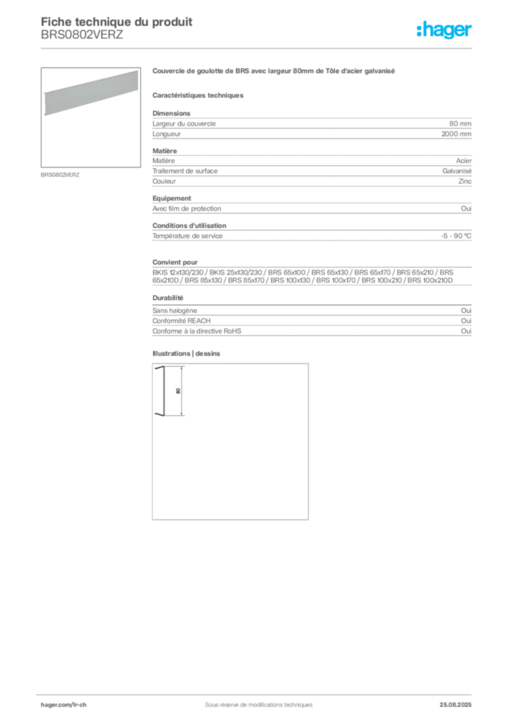 Image Hager Fiche technique du produit BRS0802VERZ | Hager Suisse