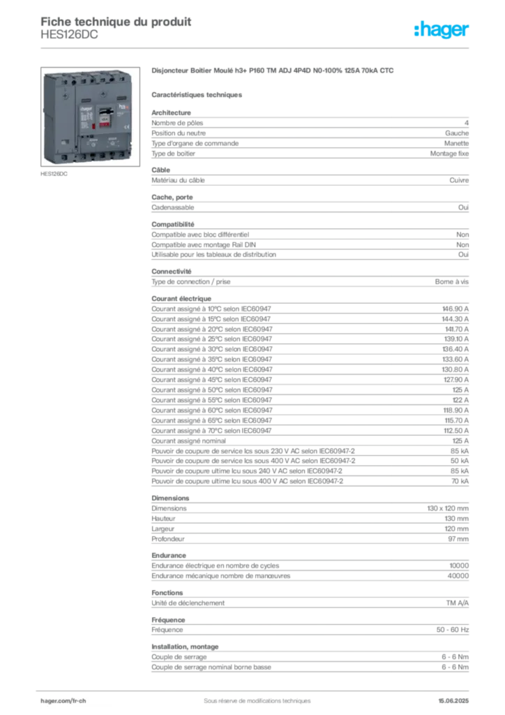 Image Hager Fiche technique du produit HES126DC | Hager Suisse