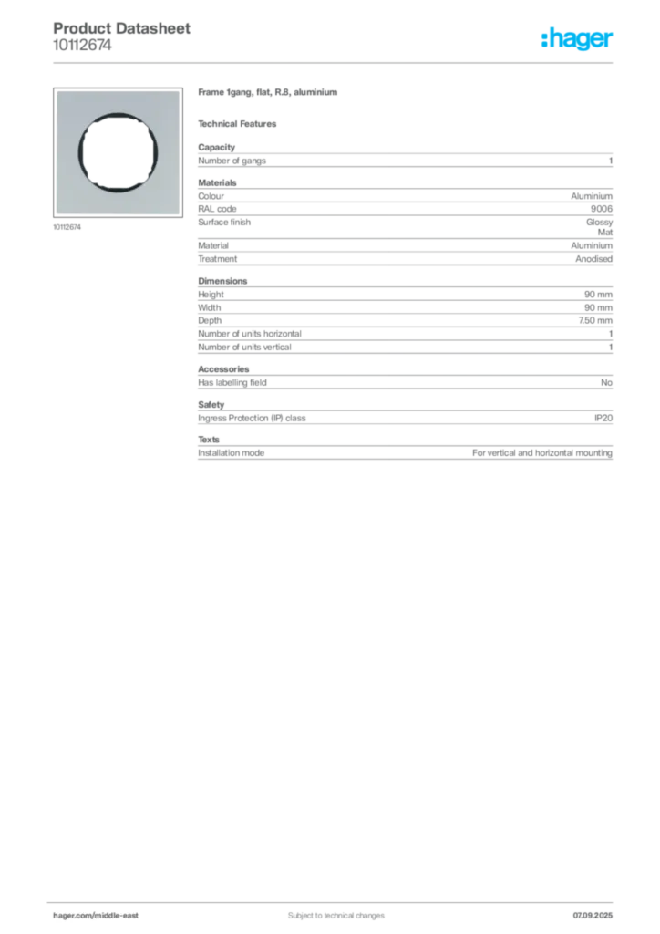 Image Hager Product data sheet 10112674  | Hager