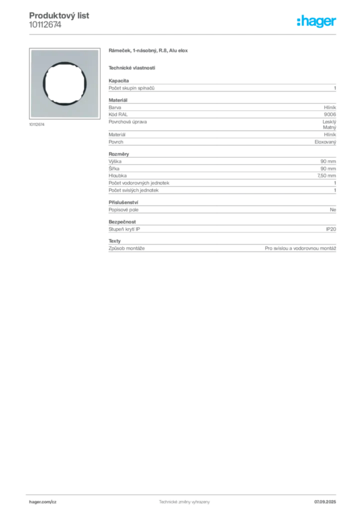 Obrázek Hager Produktový list 10112674 | Hager