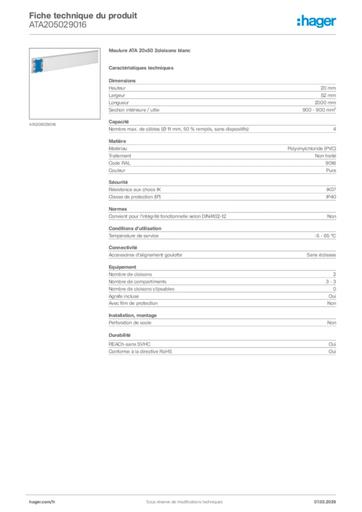 Image Hager Fiche technique du produit ATA205029016 | Hager France