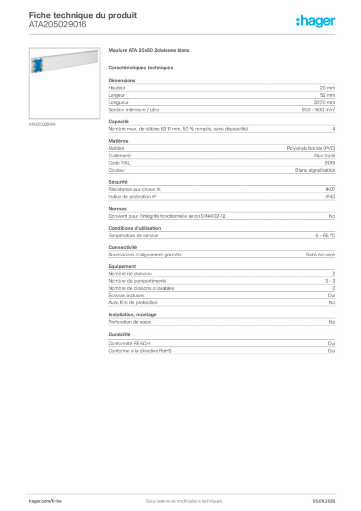 Image Hager Fiche technique du produit ATA205029016 | Hager Belgique