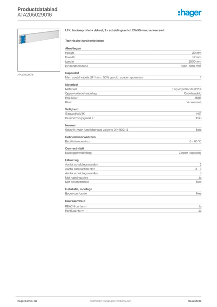 Afbeelding Hager Productdatablad ATA205029016 | Hager Belgium
