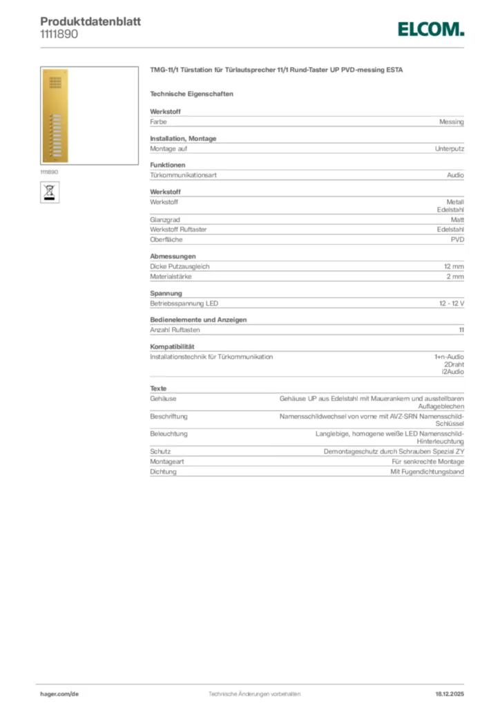 Bild Elcom Produktdatenblatt 1111890 | Hager Deutschland