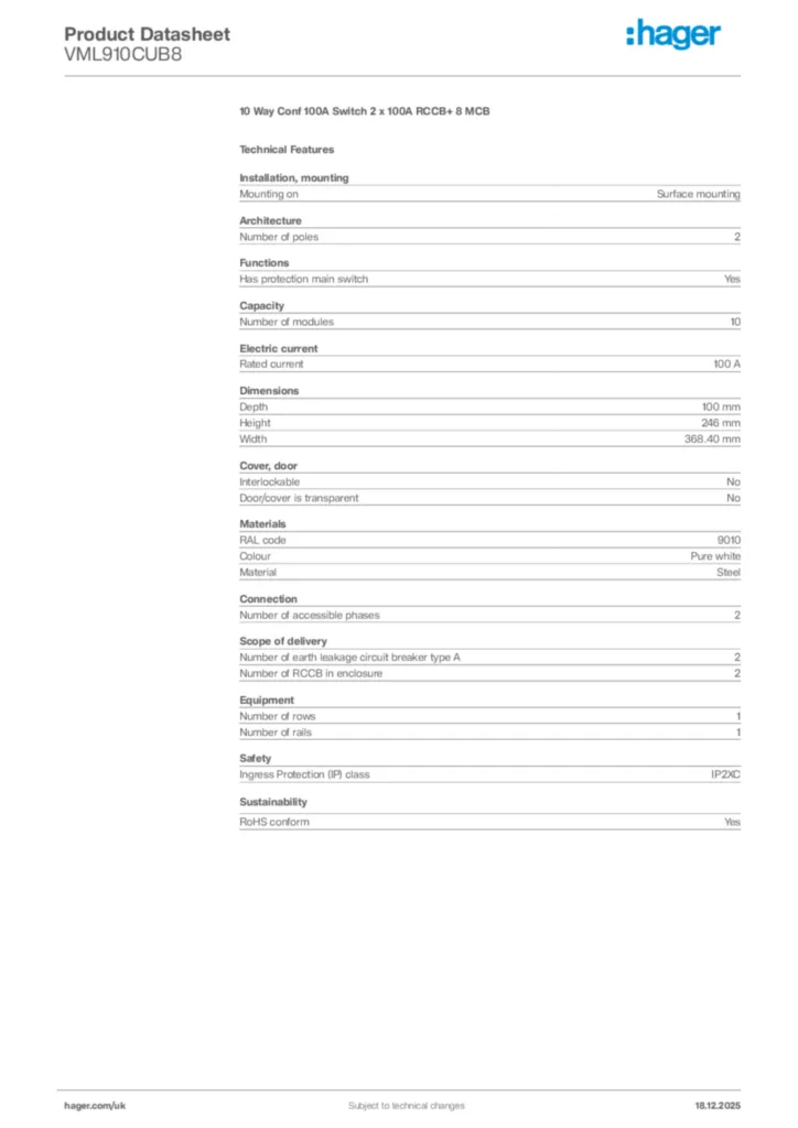 Image Hager Product data sheet VML910CUB8  | Hager