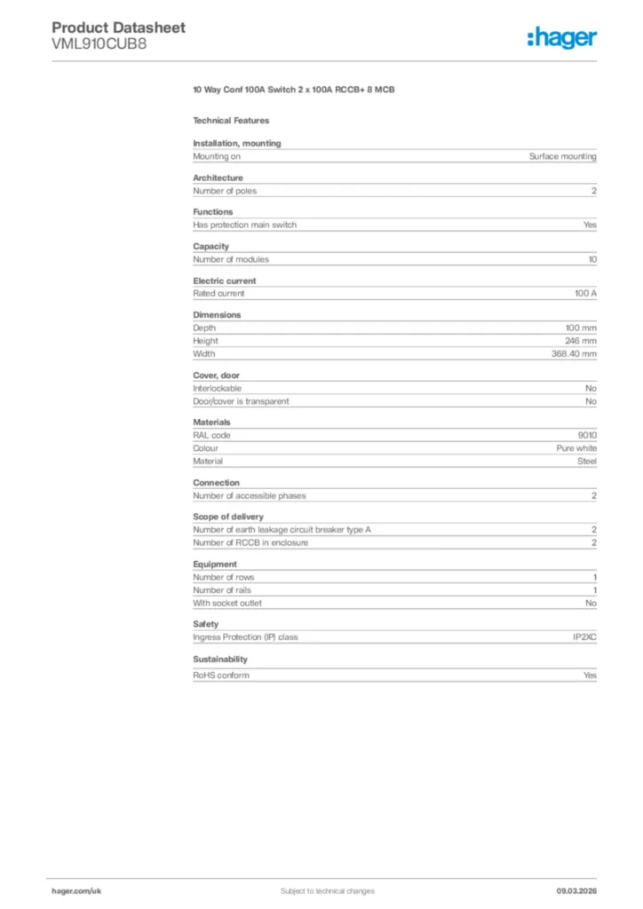 Image Hager Product data sheet VML910CUB8  | Hager