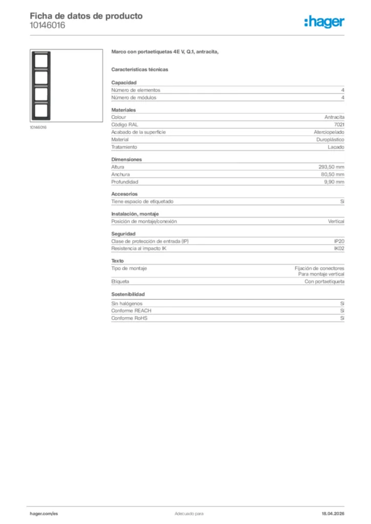 Imagen Hager Ficha de datos de producto 10146016 | Hager España