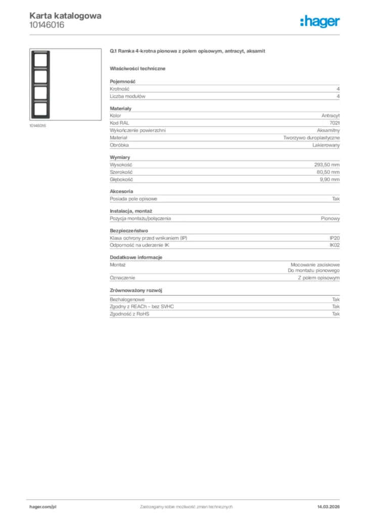 Zdjęcie Hager Karta katalogowa 10146016 | Hager Polska