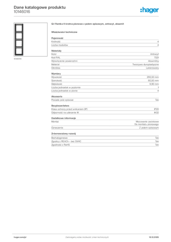 Zdjęcie Hager Karta katalogowa 10146016 | Hager Polska