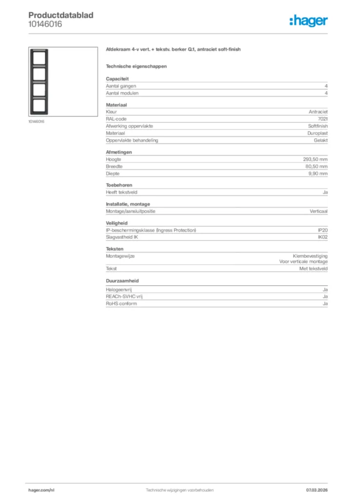 Afbeelding Hager Productdatablad 10146016 | Hager Nederland